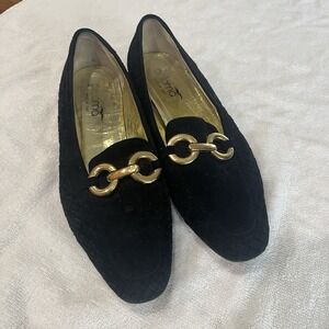Paloma Italy Womens Black Suede Woven Loafers Gold Chain Link Flats Shoes 9.5N